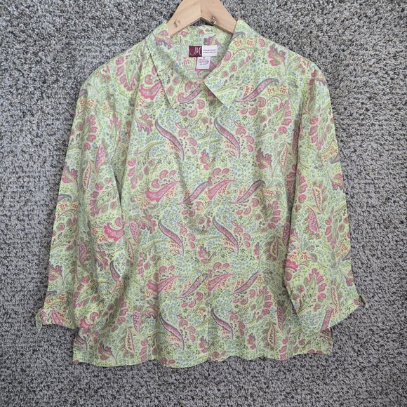 JM Collection Top Womens Plus‎ 16 Green Paisley Print Button Up Cotton Blend - Picture 1 of 7
